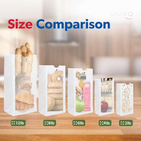 Duro 8# White Paper Lunch Bags, 100 Count - Bulk Disposable SOS Paper Sacks for Takeout/Delivery
