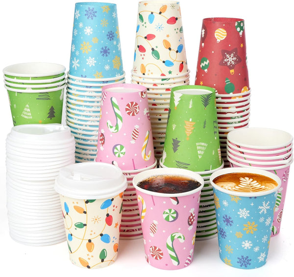 Pascliyna 100 Set Christmas Coffee Paper Cups with Lids 12oz, Bulk Disposable Colorful