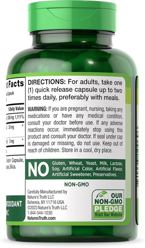Nature's Truth Vitamin C 1000mg, 100 Capsules, with Wild Rose HIPS & Bioflavonoids, Non-GMO & Gluten Free
