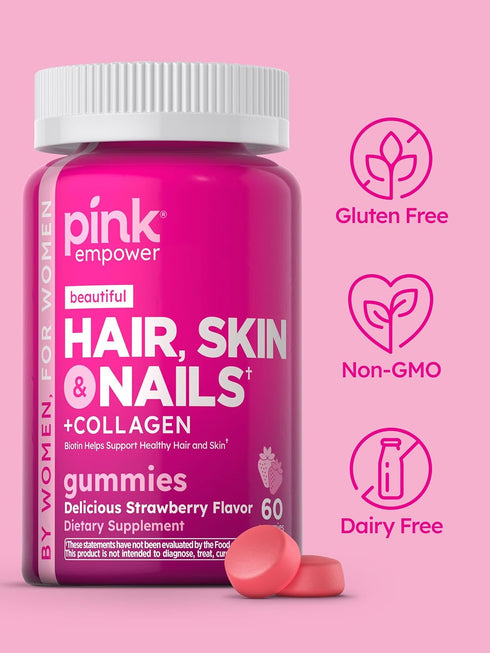 PINK Hair Skin Nails Gummies - 60 Count, Plus Collagen & Biotin, Strawberry Flavor