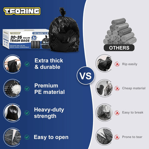 30-35 Gallon Trash Bags 1.5 Mil - 35" x 37" Large Black Garbage Bags 30+ Gallon Strong Plastic Trash Can Liners for Home Kitchen Commercial Lawn and Leaf 100 Count by T.FORING