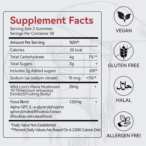 Gummies Gummy Gummies 60 Count (1) Mushroom with Lions Mane - Alpha Brain for Focus & Memory - Nootropic Focus