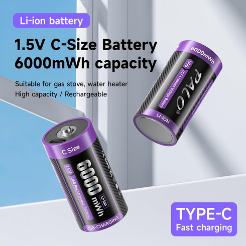 Mspalocell 2 Pack, 1.5V 6000 2 1 Rechargeable C Lithium Batteries Li-ion mWh C Cell Batteries with in Type-C Charging