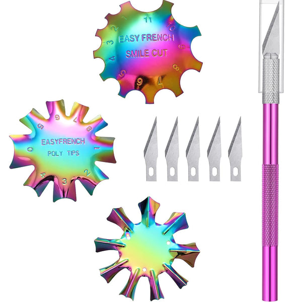 Maitys 3 Pieces Stainless Steel French Nail Trimmer Smile Line Cutter with Handles, 5 Spare Blades for Nail (Rainbow