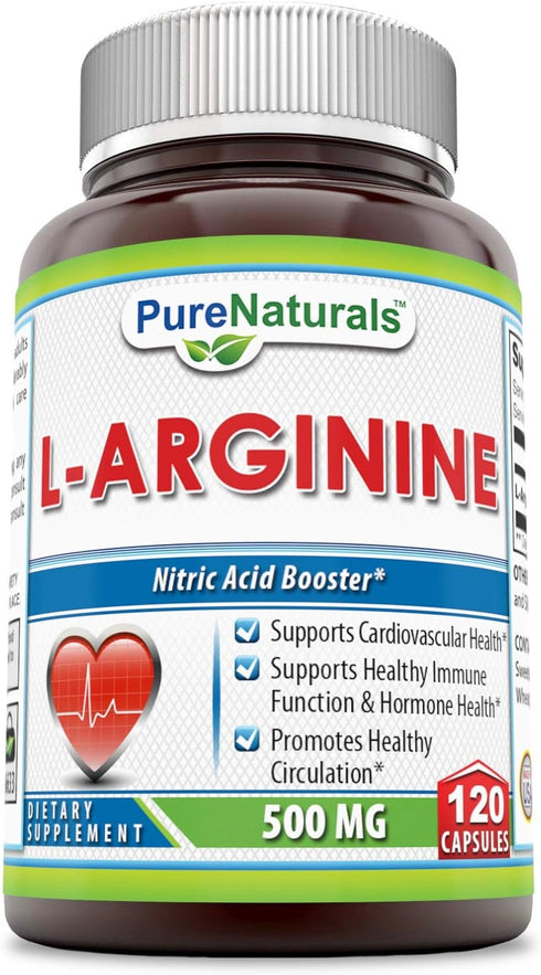Pure Naturals L-Arginine 500 Mg Capsules, Supports Cardiovascular Health, Immune Function & Circulation (120)