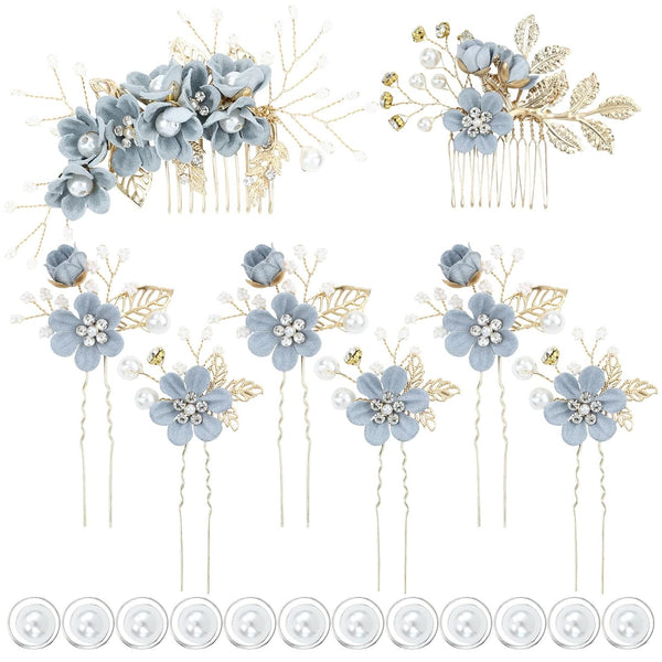 inSowni 20 Pack Classy Dusty Blue Flower Bridal Wedding Hair Side Combs, Floral Hair Pins, Twist Spiral Pearl Clips