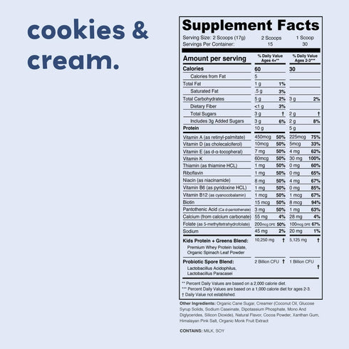 Cookies & Cream Mighty Milk - Kids All-in-One Daily Protein Powder & Multivitamin with Probiotics - 15-30 Servings