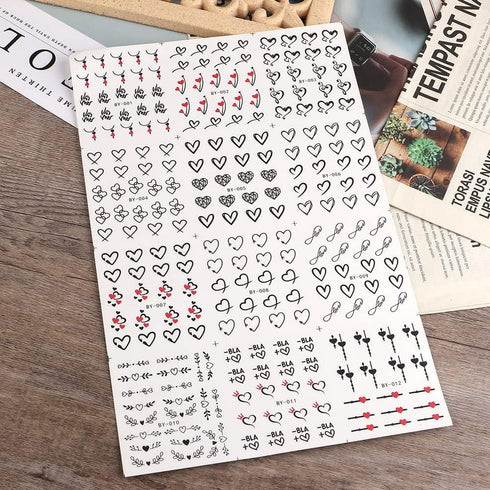 Valentine's Day Nail Art Stickers, Black Heart Water Transfer Decals, Simple Love Design for Women 12Pcs