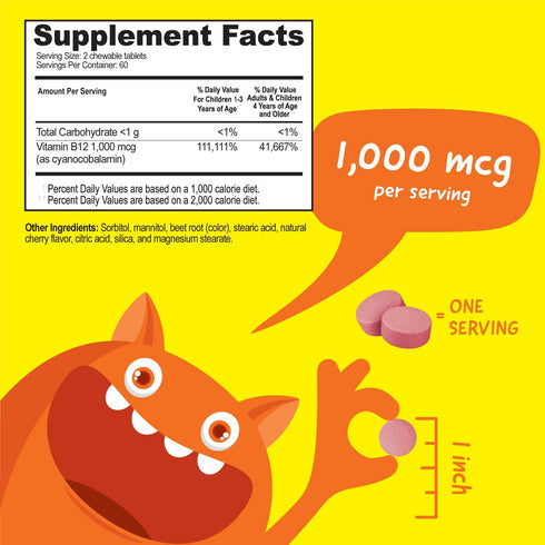 Kids Vitamin B12 1000 mcg Chewable Tablets - Tasty Natural Cherry Flavor - Vegan, GMO-Free, Gluten Free, Nut Free - Dietary Supplement - Cellular Energy Vitamins for Children - 120 Chewables