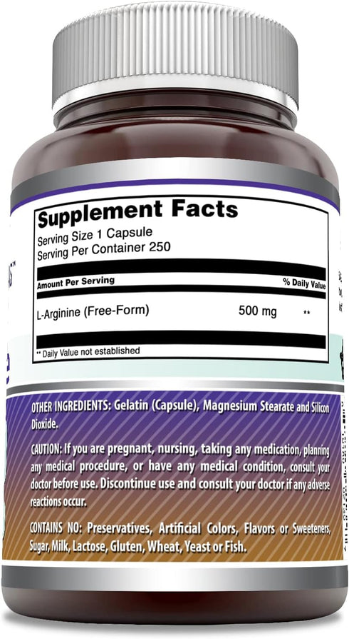 L-Arginine Supplement by Amazing Formulas | 500 Mg Per Serving | 250 Capsules | Non-GMO | Gluten Free | Made in USA