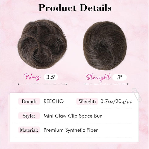 REECHO Space Bun Hair Pieces - 2 PCS Mini Claw Clip in Messy & Cat Ears Fake Hair Bun Extensions