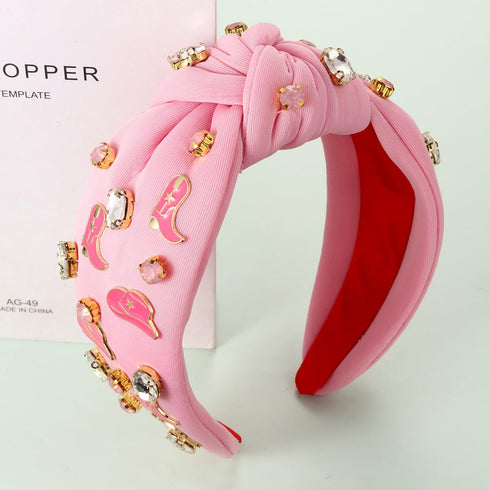 Western Headbands for Women, Jeweled Rhinestone Crystal Knotted Headbands, Cowgirl Hair Accessories (Pink)