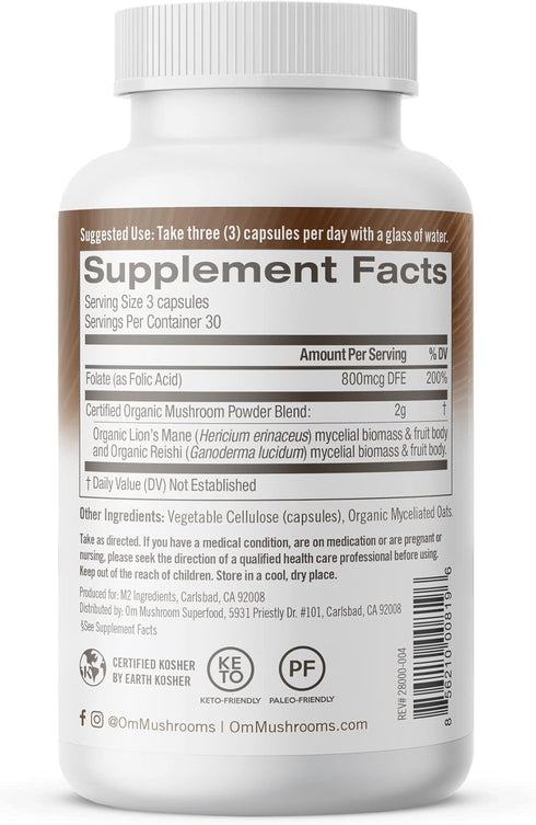 OM Mushroom Superfood Brain Fuel Mushroom Powder Capsules, 90 Count, Lion's Mane & Reishi Blend