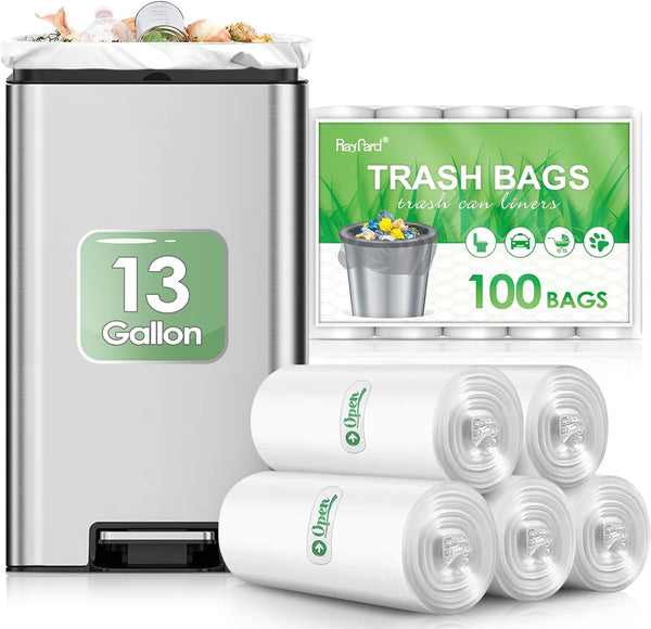 RayPard Strong Tall Kitchen Trash Bags, 13 Gallon, 100 Counts, Clear, fit 12-15 Gal, for Home Office Bathroom Bedroom