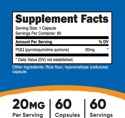 Nutricost PQQ (Pyrroloquinoline Quinone) 20mg, 60 Capsules - Vegetarian Capsules, Non-GMO, Gluten Free