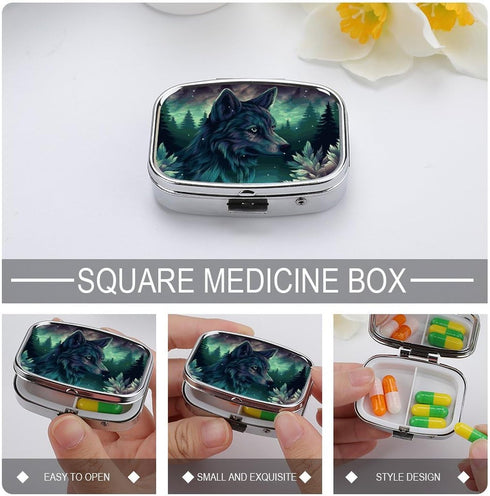 NWTRJ 2 Forest Wolf Pill Box Compartment Pill Case Portable Pocket Pill Organizer Medicine Vitamin Organizer for Men