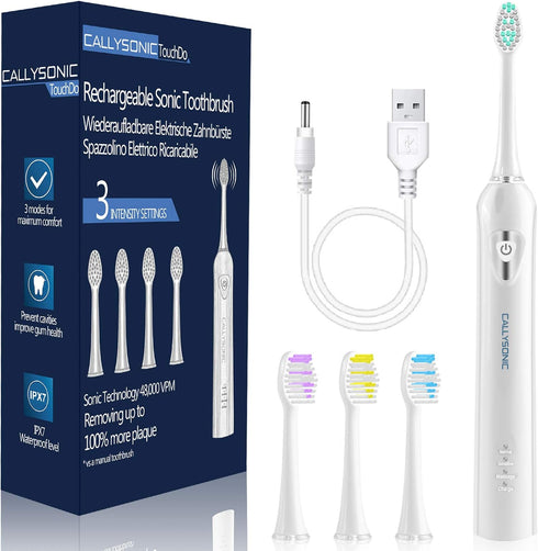 Sonic Rechargeable Electric Toothbrush for Adults & Kids, 48,000VPM, 4 Replacement Brush Heads, White