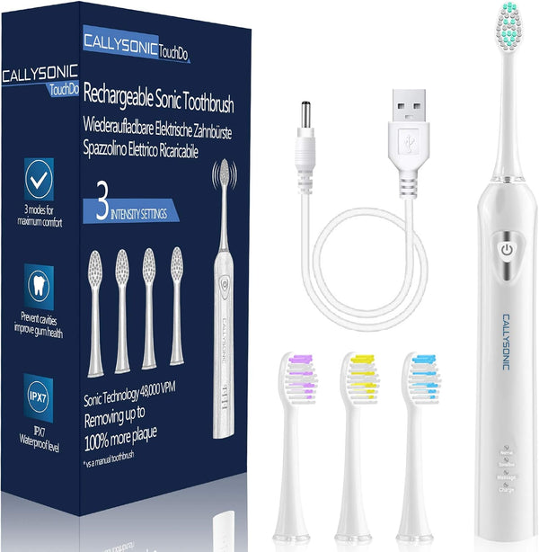 Sonic Rechargeable Electric Toothbrush for Adults & Kids, 48,000VPM, 4 Replacement Brush Heads, White