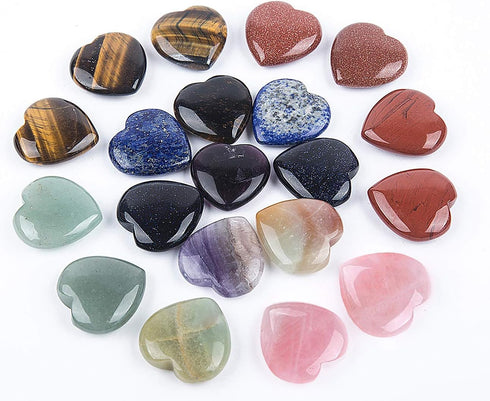 JIC Gem 20 pcs Mixed Crystal Heart Stones, Heart Shape Chakra Stones, 30mm Reiki Balancing Hand Carved