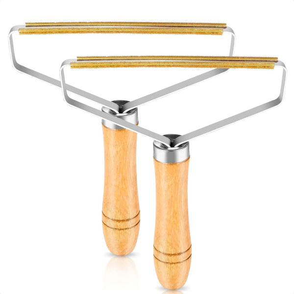 2 Pack Reusable Metal Lint Remover Tool, Durable Pet Hair Remover with Wooden Handle for Clothes and Upholstery