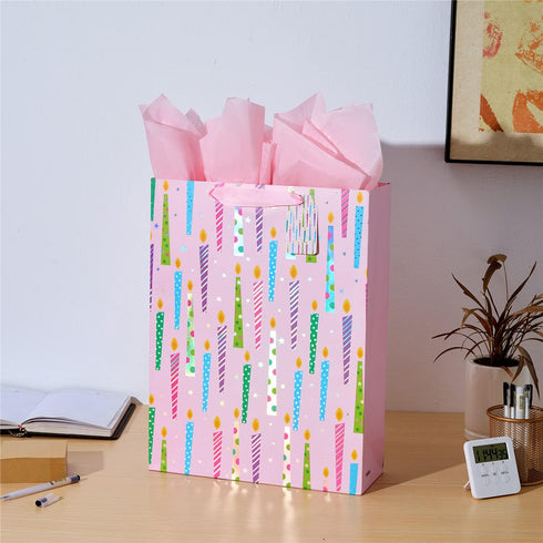 SUNCOLOR 16" Extra Large Gift Bag with Tissue Paper for Girls, Happy Birthday Candles