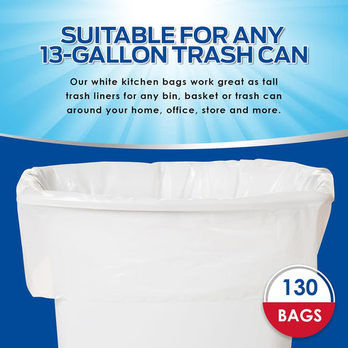 PAMI 13-Gallon Tall Kitchen Garbage Bags, 130-Pack, White with Twist Ties, Unscented Odor-Control Trash Can Liners