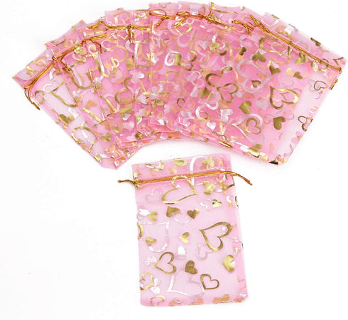 Volanic 100PCS 4X6 Inch Sheer Heart Organza Bags with Drawstring for Christmas Candy Jewelry Party Favors