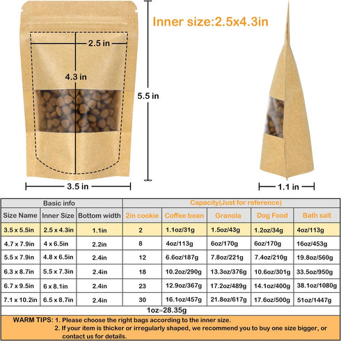 Blisstime 50 Pack Kraft Paper Stand Up Pouches with Matte Window and Tear Notch Resealable Bags (3.5 X 5.5 Inches)