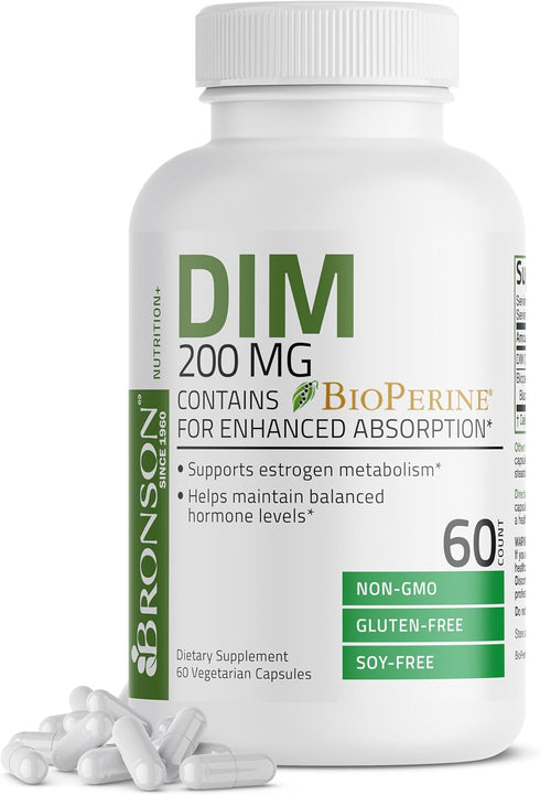 Bronson DIM Supplement | 200 mg Diindolylmethane with BioPerine | 60 Vegetarian Capsules for Enhanced Absorption
