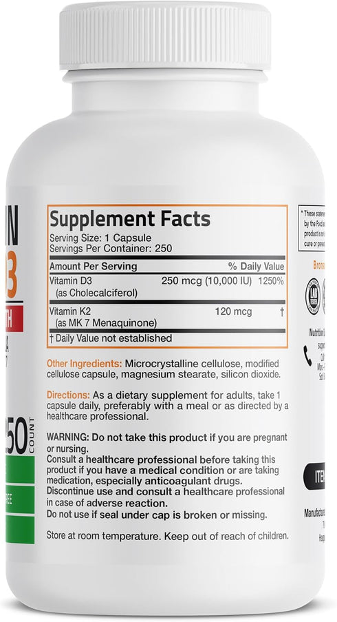K2 (MK7) D3 10,000 D3 120 K2 MK-7 250 Bronson Vitamin with Extra Strength Supplement Bone and Heart Health Non-GMO