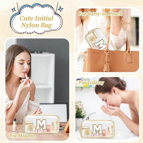 Small Clear Personalized Initial Makeup Bag, Nylon Preppy A-Z Chenille Letter Patch Cosmetic Pouch (Beige-White M)