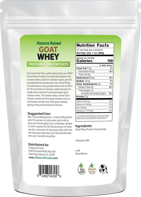 Z Natural Foods Goat Whey Protein Powder Concentrate, 1 lb, Undenatured, Unflavored, Pasture Raised