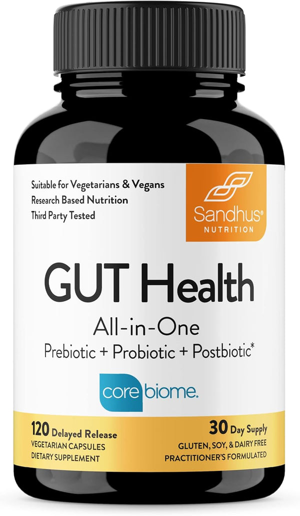 Sandhu's Gut Health - Prebiotic, Probiotic, Postbiotic & L-Glutamine | 120 Delayed Release Capsules for Digestive Health