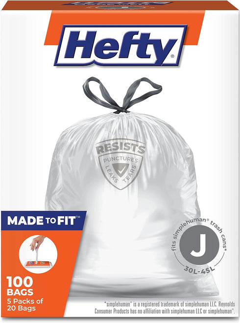 Hefty Made to Fit Trash Bags, Fits simplehuman Size J (12 Gallons), 100 Count