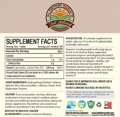 Acerola Cherry Vitamin C 1000mg - Immune Support - 180 Tablets