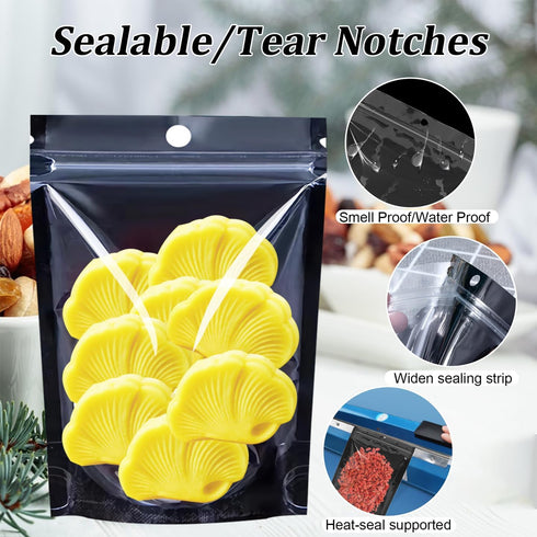 100PCS Resealable Mylar Food Storage Bags, Black Smell Proof Foil Bags with Clear Front