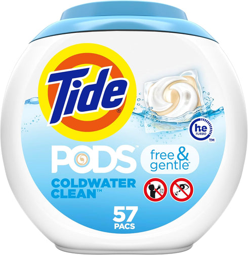 Tide Free and Gentle Laundry Detergent Pods, 57 Count, Unscented, Hypoallergenic for Sensitive Skin