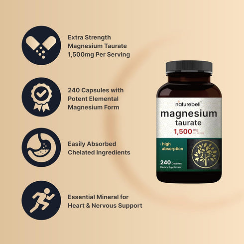 Magnesium Taurate 1,500mg | 240 Capsules | Chelated Mineral Supplement for Heart & Nervous System | Non-GMO