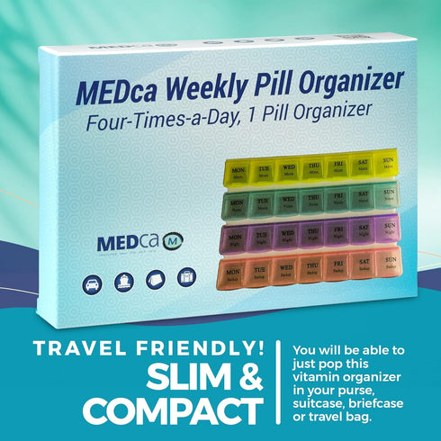 Weekly Pill Organizer - 4-Times-a-Day Pill Planner with Daily Morning, Noon, Evening & Night Compartments