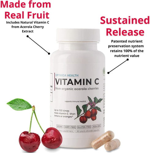 OPTIVIDA Vitamin C Plant-Based Complex - 60 Serv. Natural Organic Acerola Cherry Extract for Immune Support & Healthy
