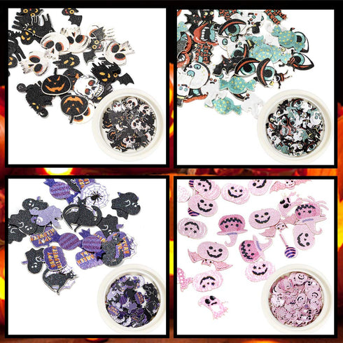 Kalolary 8 Boxes Halloween Nail Art Sequins, 3D Nail Art Decals Stickers for Pumpkin Witch Bat Manicure DIY Decoration