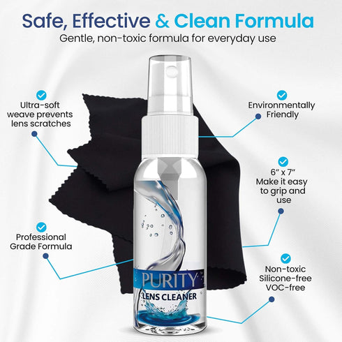 Pack 1x1oz, 1x2oz, 1x4oz, 1x8oz 4 Purity Eyeglass Cleaner Family - Multi-Size Lens Cleaner Kit - Bottles + Premium
