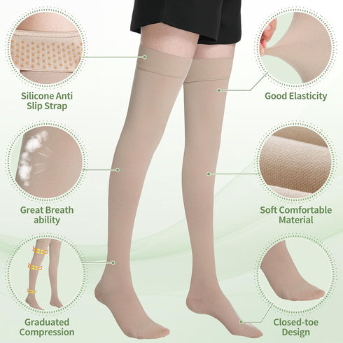 TP TOP BEAUTY 20-30mmHg Medical Thigh High Compression Stockings for Women & Men,Closed Toe Graduated Compression
