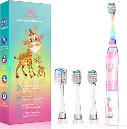 Kids Electric Toothbrush for Ages 2-12 - Pink Giraffe - with Timer and Rainbow LED Light Up