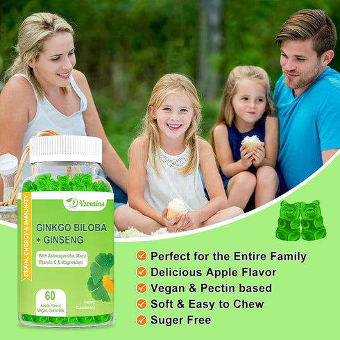 Ginkgo Biloba Gummies 2 Pack with Ginseng Maca Root & Magnesium - Organic Brain Focus Energy Mood Memory Supplements