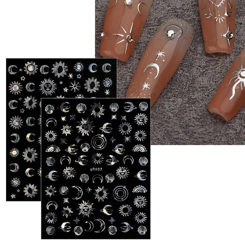 JMEOWIO 10 Sheets Moon Star Sun Nail Art Stickers, Colorful Self-Adhesive Decals for Nail Design Accessories