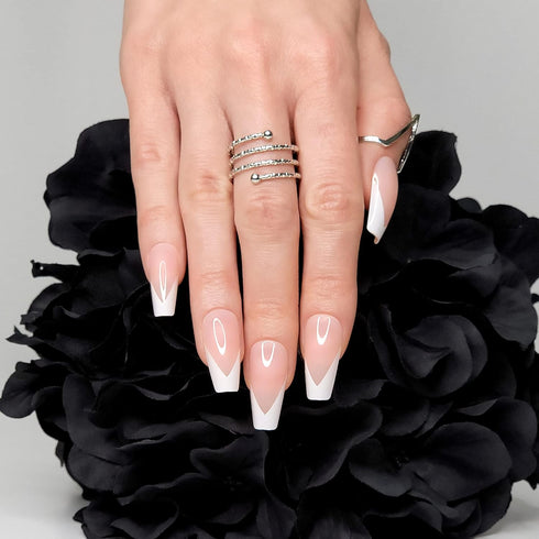 Hypnaughty 24 Pcs Modern White French Coffin Press On Nails with Design, Glue, Medium Long, Nude Color