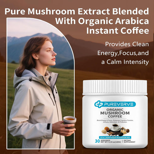 Pureverve Organic10 30 Mushroom Coffee, Mushroom Extract Powder Blend Lion's Mane, Reishi, Chaga, Cordyceps, Turkey