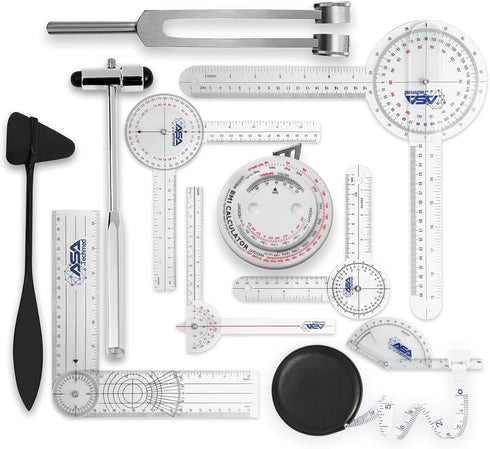 ASA TECHMED Goniometer Physical Therapy Complete Set W/Bonus Reflex Hammer Including 12,8,6