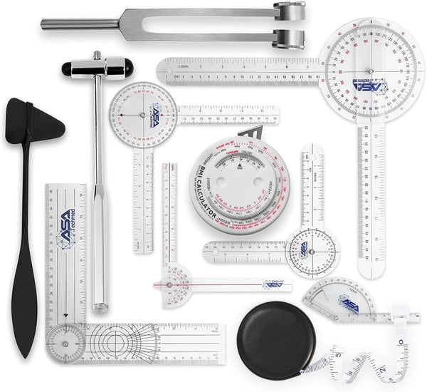 ASA TECHMED Goniometer Physical Therapy Complete Set W/Bonus Reflex Hammer Including 12,8,6
